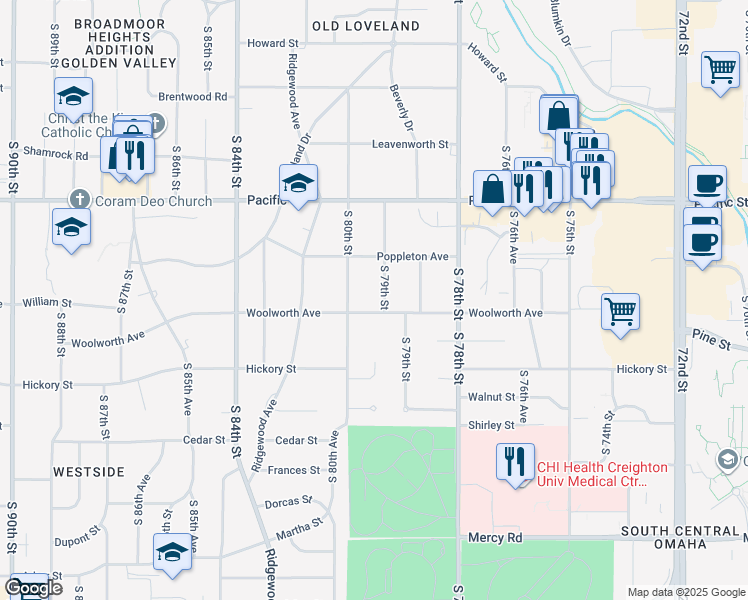 map of restaurants, bars, coffee shops, grocery stores, and more near 7998 Woolworth Avenue in Omaha