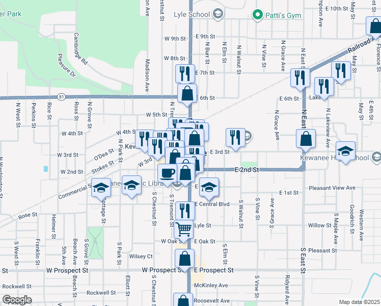map of restaurants, bars, coffee shops, grocery stores, and more near in Kewanee
