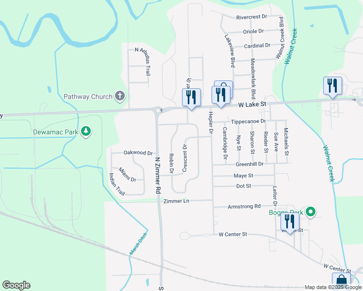 map of restaurants, bars, coffee shops, grocery stores, and more near 1812 Crescent Drive in Warsaw