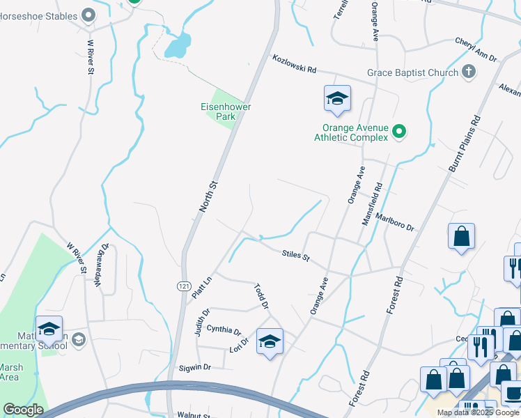 map of restaurants, bars, coffee shops, grocery stores, and more near 163 Platt Lane in Milford