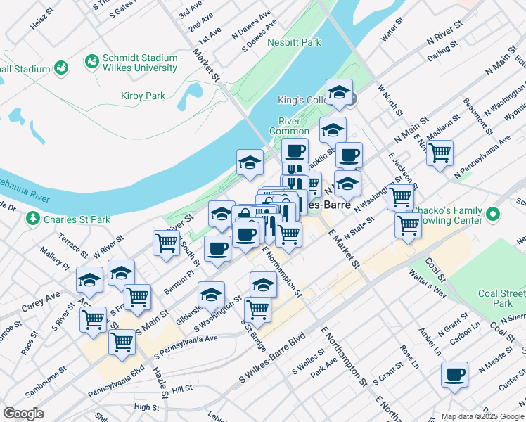 map of restaurants, bars, coffee shops, grocery stores, and more near 785 South Franklin Street in Wilkes-Barre