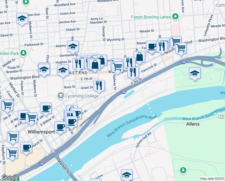 map of restaurants, bars, coffee shops, grocery stores, and more near 700 East 3rd Street in Williamsport