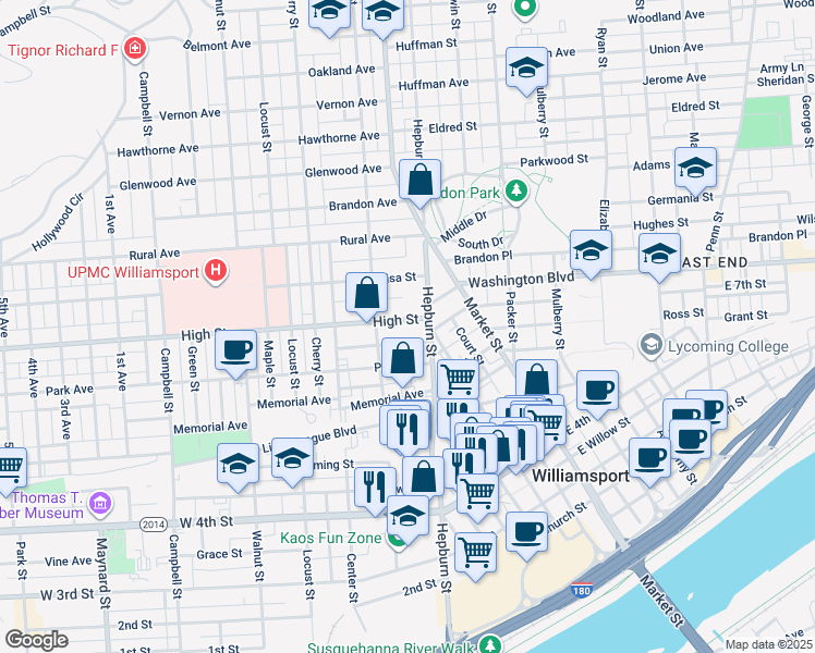 map of restaurants, bars, coffee shops, grocery stores, and more near 301-399 High Street in Williamsport