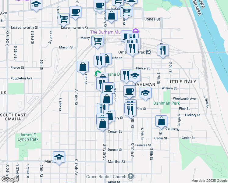 map of restaurants, bars, coffee shops, grocery stores, and more near 1211 William Street in Omaha