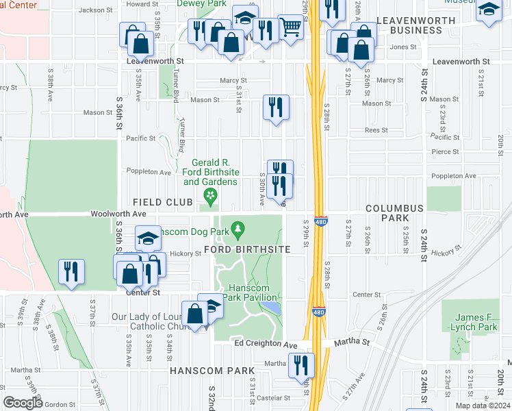 map of restaurants, bars, coffee shops, grocery stores, and more near 3062 Woolworth Avenue in Omaha