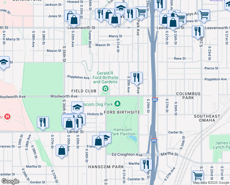 map of restaurants, bars, coffee shops, grocery stores, and more near 3120 Woolworth Avenue in Omaha