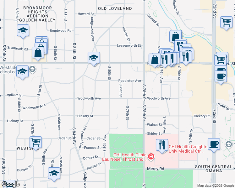 map of restaurants, bars, coffee shops, grocery stores, and more near 7998 Woolworth Avenue in Omaha