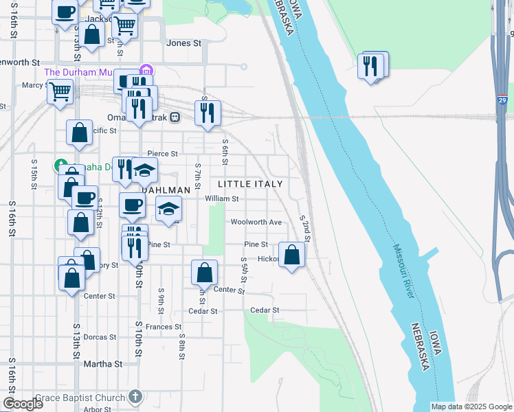 map of restaurants, bars, coffee shops, grocery stores, and more near 409 William St in Omaha