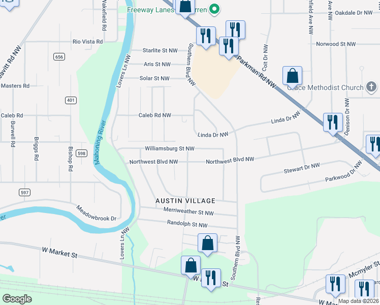map of restaurants, bars, coffee shops, grocery stores, and more near 2953 Williamsburg Street Northwest in Warren