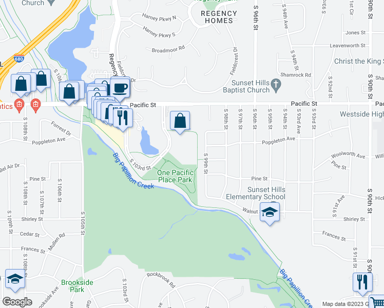 map of restaurants, bars, coffee shops, grocery stores, and more near 1325 South 101st Street in Omaha