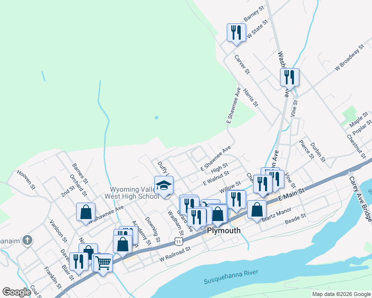 map of restaurants, bars, coffee shops, grocery stores, and more near 59 East Hillside Avenue in Plymouth