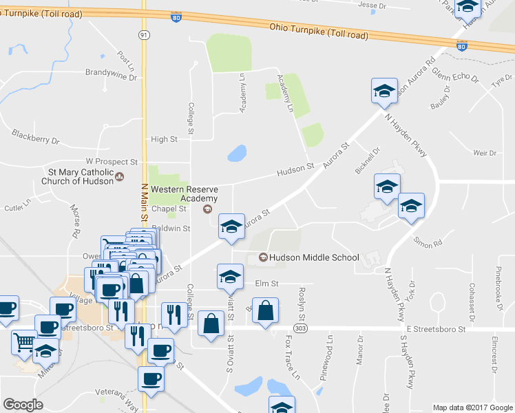 map of restaurants, bars, coffee shops, grocery stores, and more near 161 Aurora St in Hudson