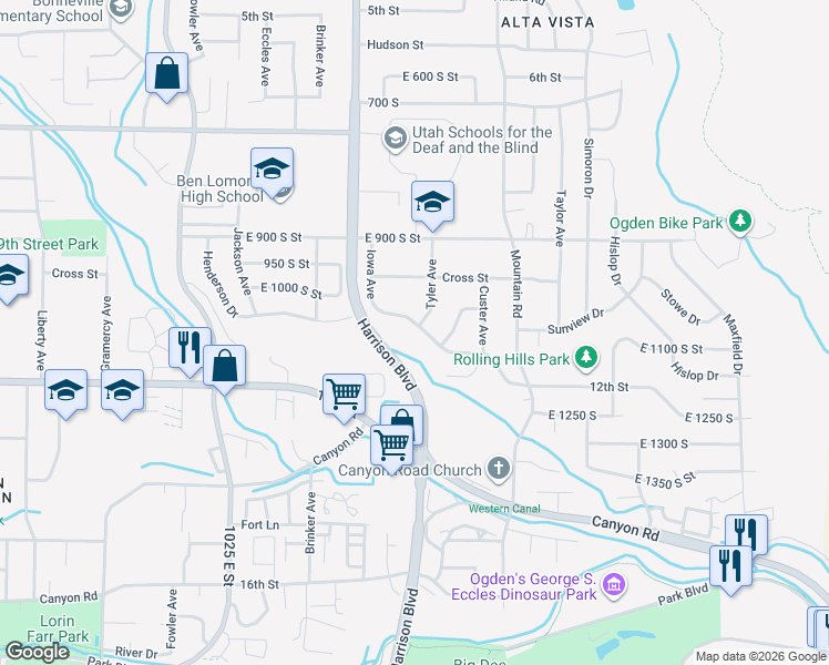 map of restaurants, bars, coffee shops, grocery stores, and more near 1310 Henderson Drive in Ogden