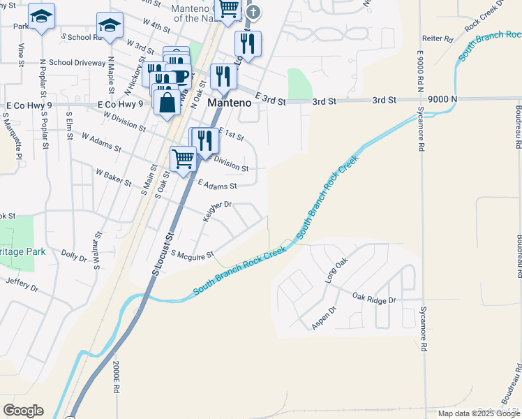 map of restaurants, bars, coffee shops, grocery stores, and more near 79 Keigher Drive in Manteno