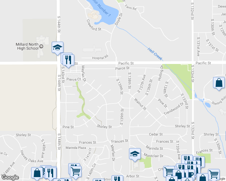 map of restaurants, bars, coffee shops, grocery stores, and more near 13961 Woolworth Circle in Omaha