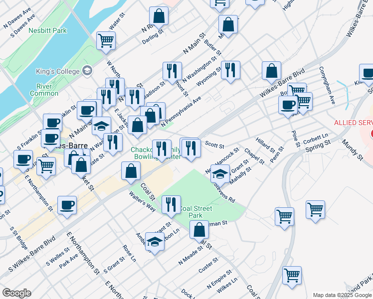 map of restaurants, bars, coffee shops, grocery stores, and more near 200 Wilkes-Barre Boulevard in Wilkes-Barre