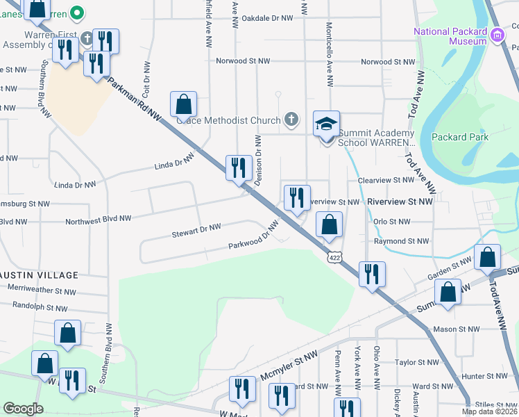 map of restaurants, bars, coffee shops, grocery stores, and more near 1729 Parkman Road Northwest in Warren