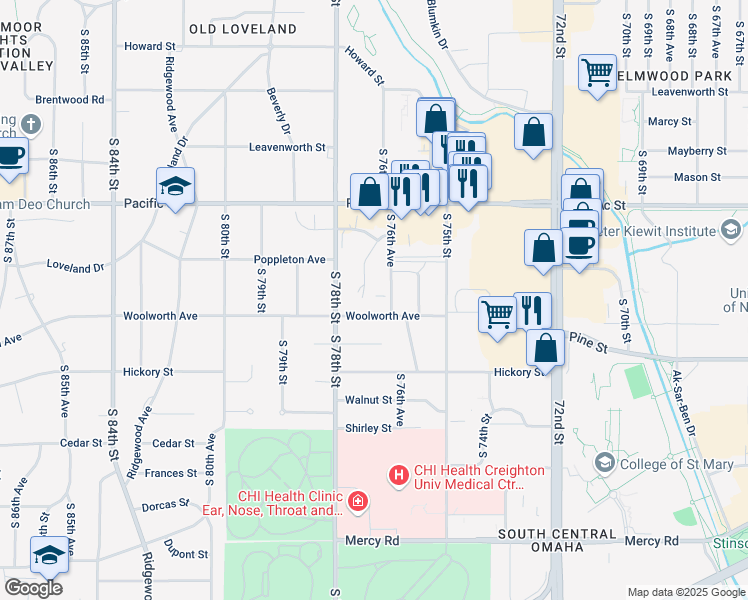 map of restaurants, bars, coffee shops, grocery stores, and more near 1425 Marbee Drive in Omaha
