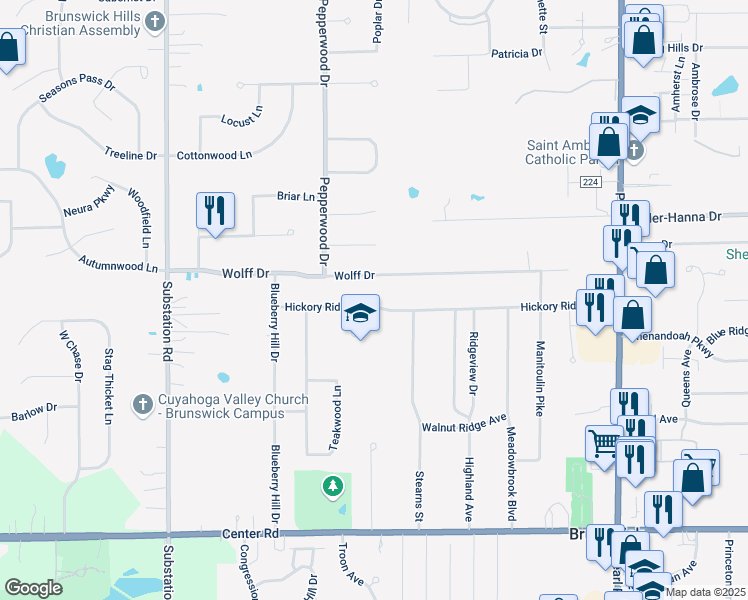 map of restaurants, bars, coffee shops, grocery stores, and more near 4605 Hickory Ridge Avenue in Brunswick