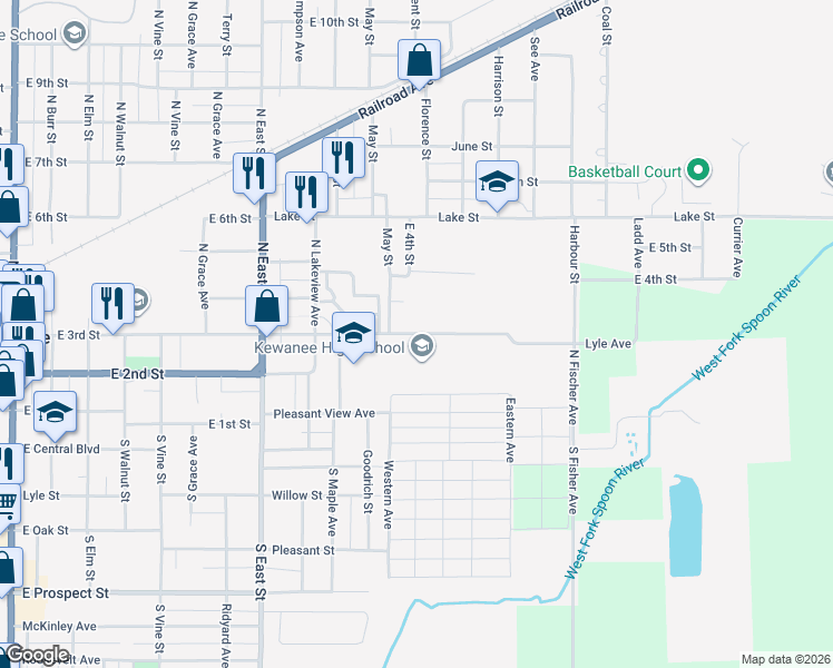 map of restaurants, bars, coffee shops, grocery stores, and more near 1211 East 3rd Street in Kewanee