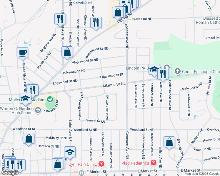 map of restaurants, bars, coffee shops, grocery stores, and more near 1813 Westview Drive Northeast in Warren