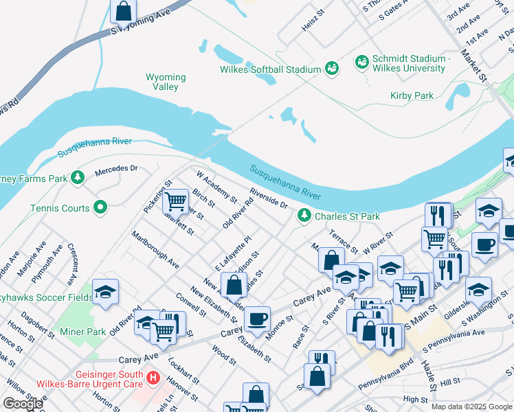 map of restaurants, bars, coffee shops, grocery stores, and more near 220-230 New Mallery Pl in Wilkes-Barre
