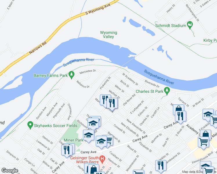 map of restaurants, bars, coffee shops, grocery stores, and more near 82 Maffett Street in Wilkes-Barre
