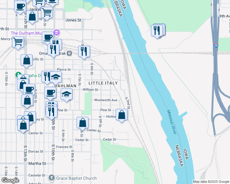 map of restaurants, bars, coffee shops, grocery stores, and more near 311 William Street in Omaha