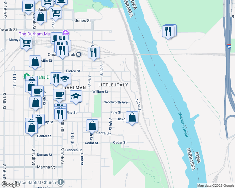 map of restaurants, bars, coffee shops, grocery stores, and more near 409 William Street in Omaha