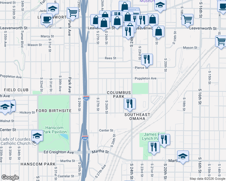 map of restaurants, bars, coffee shops, grocery stores, and more near 2518 Woolworth Avenue in Omaha