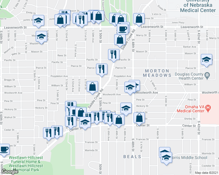 map of restaurants, bars, coffee shops, grocery stores, and more near in Omaha