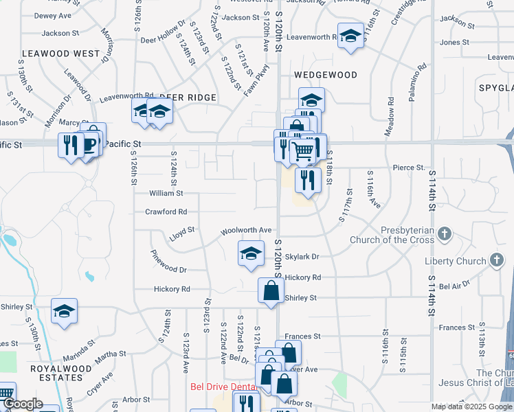 map of restaurants, bars, coffee shops, grocery stores, and more near 12105 William Plaza in Omaha