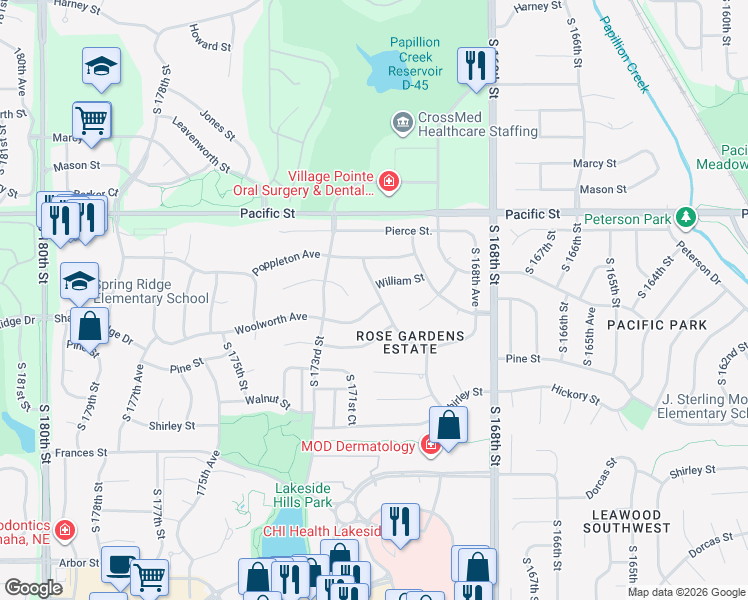 map of restaurants, bars, coffee shops, grocery stores, and more near 1505 South 172nd Street in Omaha