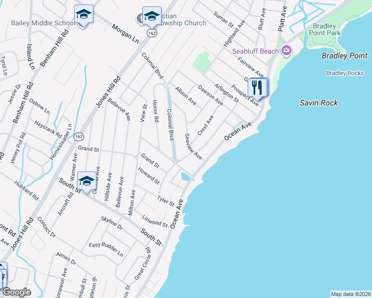 map of restaurants, bars, coffee shops, grocery stores, and more near 184 Connecticut Avenue in West Haven