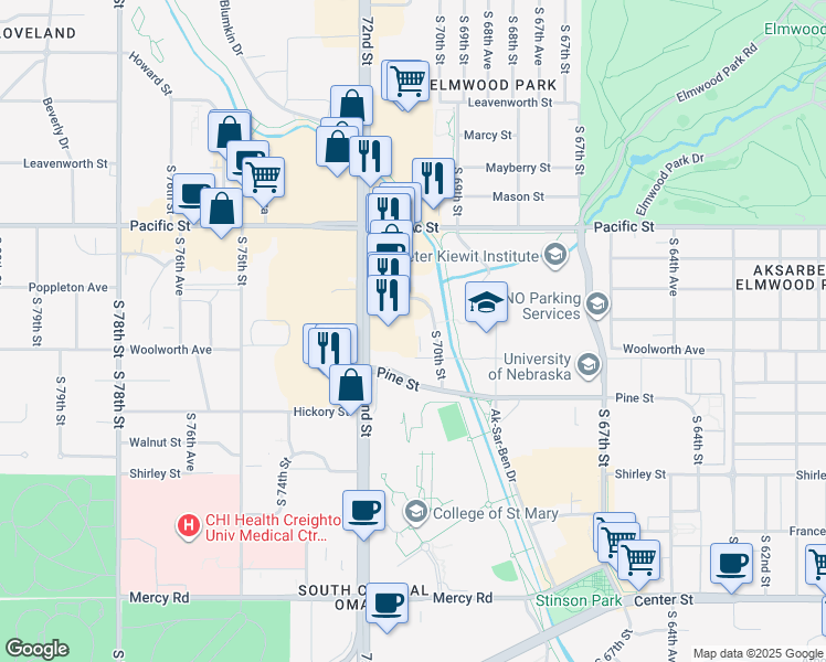 map of restaurants, bars, coffee shops, grocery stores, and more near 1505 South 72nd Street in Omaha