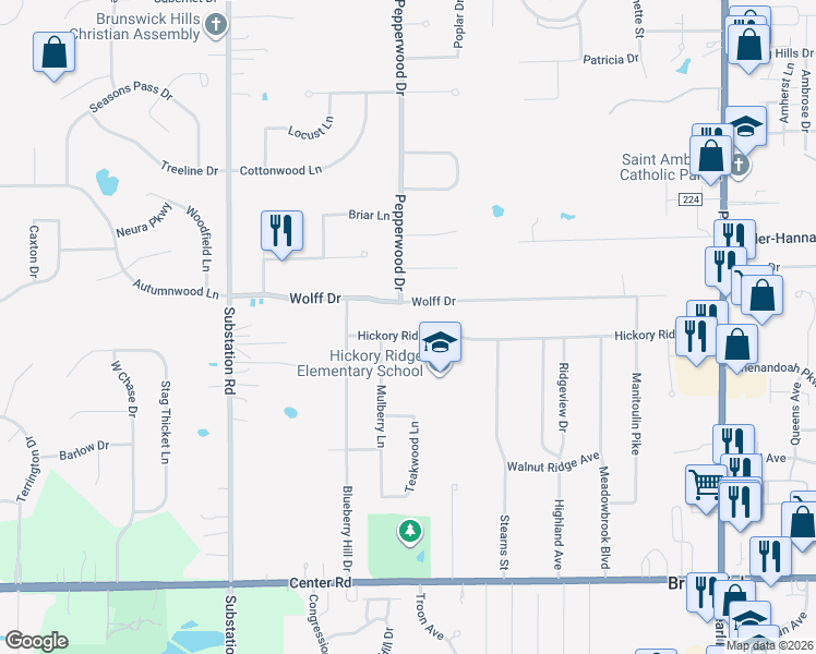 map of restaurants, bars, coffee shops, grocery stores, and more near 4655 Hickory Ridge Avenue in Brunswick