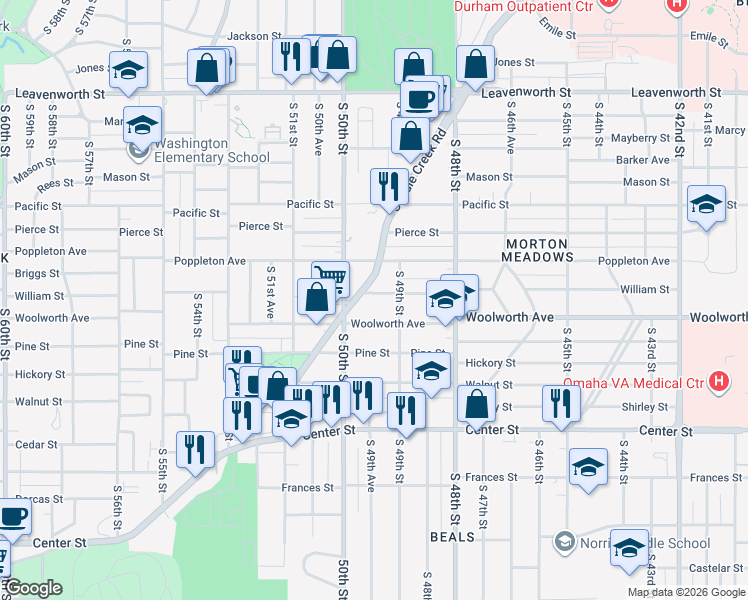 map of restaurants, bars, coffee shops, grocery stores, and more near 1419 South Saddle Creek Road in Omaha