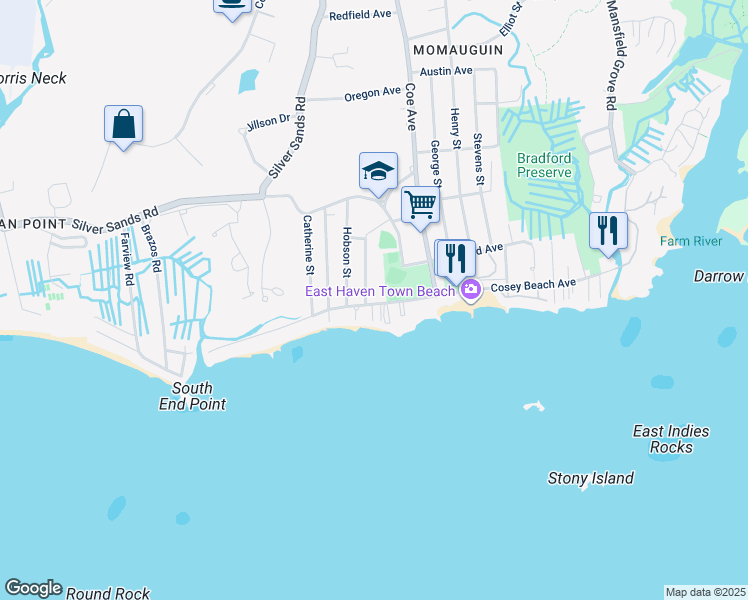 map of restaurants, bars, coffee shops, grocery stores, and more near 225 Cosey Beach Avenue in East Haven