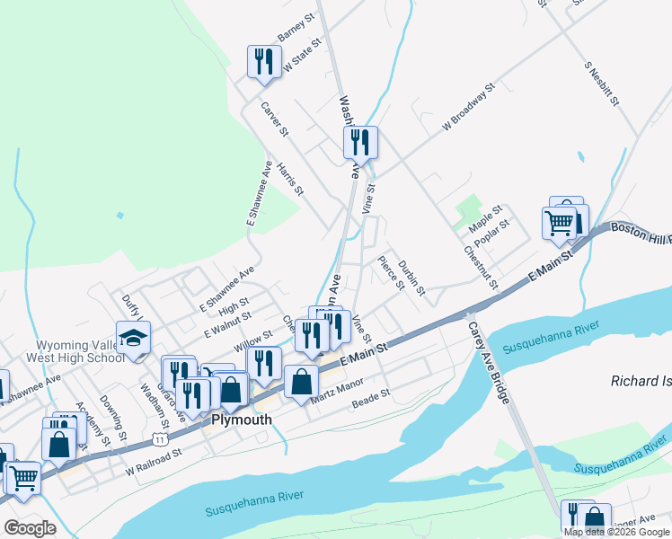map of restaurants, bars, coffee shops, grocery stores, and more near 111 Washington Ave in Plymouth
