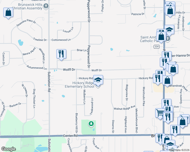 map of restaurants, bars, coffee shops, grocery stores, and more near 4655 Hickory Ridge Avenue in Brunswick
