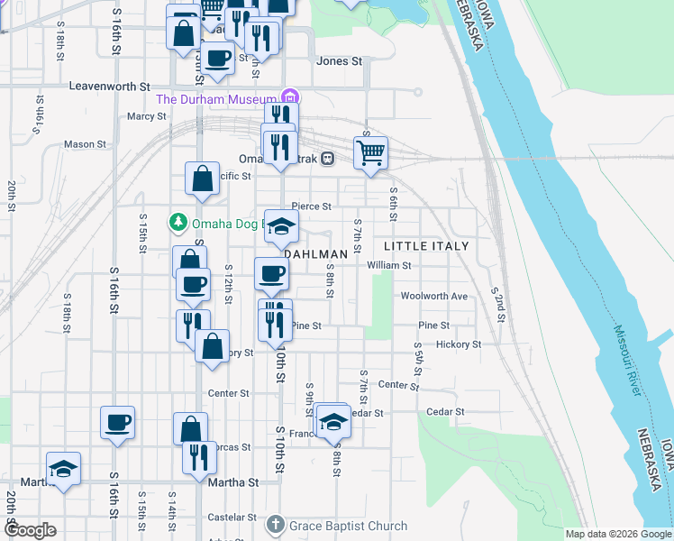 map of restaurants, bars, coffee shops, grocery stores, and more near 1405 South 8th Street in Omaha