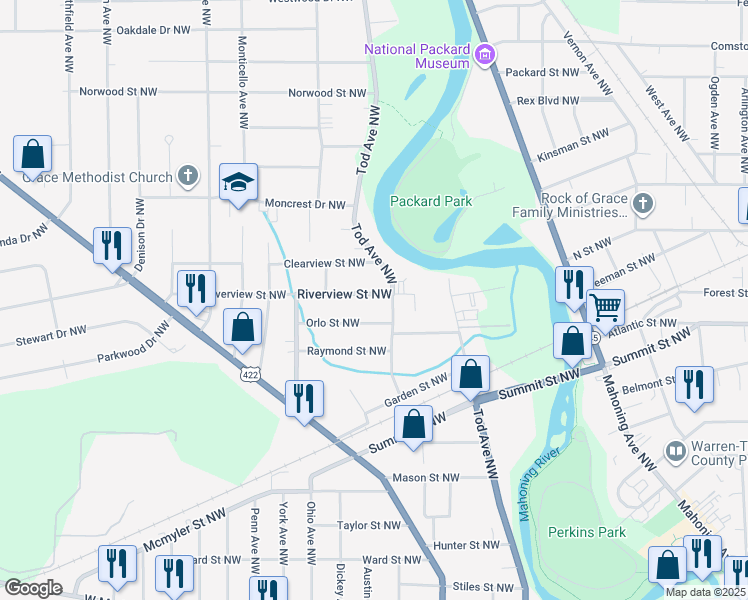 map of restaurants, bars, coffee shops, grocery stores, and more near 961 Riverview Street Northwest in Leavittsburg