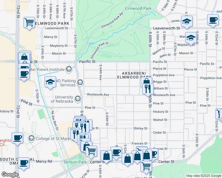 map of restaurants, bars, coffee shops, grocery stores, and more near 6312 Woolworth Avenue in Omaha
