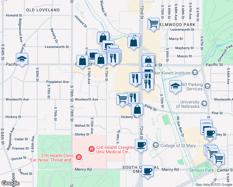 map of restaurants, bars, coffee shops, grocery stores, and more near 7411 William Plaza in Omaha
