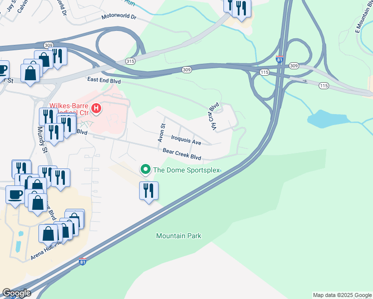 map of restaurants, bars, coffee shops, grocery stores, and more near 220 Bear Creek Boulevard in Wilkes-Barre