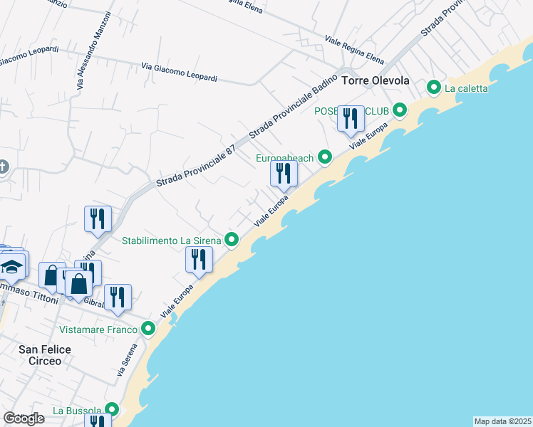 map of restaurants, bars, coffee shops, grocery stores, and more near S.P. Badino in San Felice Circeo
