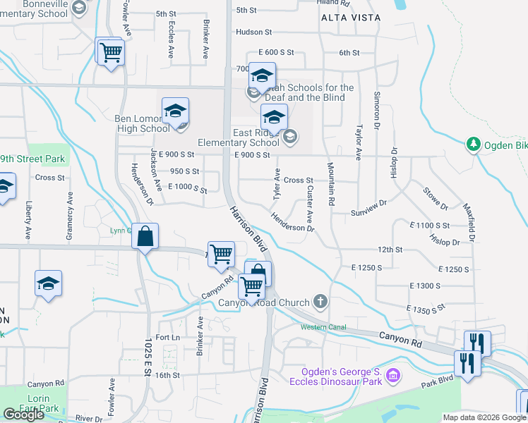 map of restaurants, bars, coffee shops, grocery stores, and more near 1235 Henderson Drive in Ogden