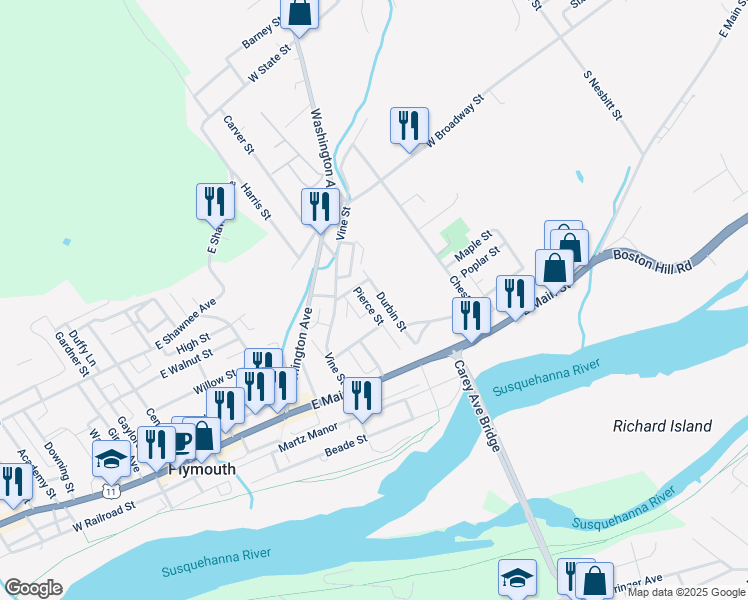 map of restaurants, bars, coffee shops, grocery stores, and more near 145 Pierce St in Plymouth