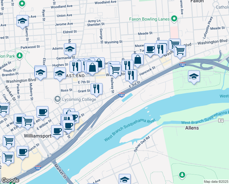 map of restaurants, bars, coffee shops, grocery stores, and more near 700 East 3rd Street in Williamsport