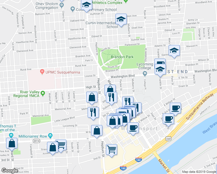 map of restaurants, bars, coffee shops, grocery stores, and more near 626 Court Street in Williamsport